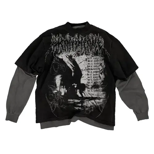 Imagen 2 del producto Y2K Cyber Grunge-Camiseta falsa de dos piezas, ropa de calle gótica con textura misteriosa escarlata, Top en capas Unisex, estilo solitario rebeldes