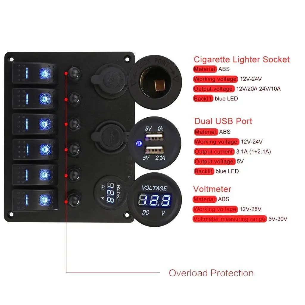 Sleek Aluminium Rocker Switch Panel with Water Resistant Circuit Breaker for Car Boat Marine RV Universal Application