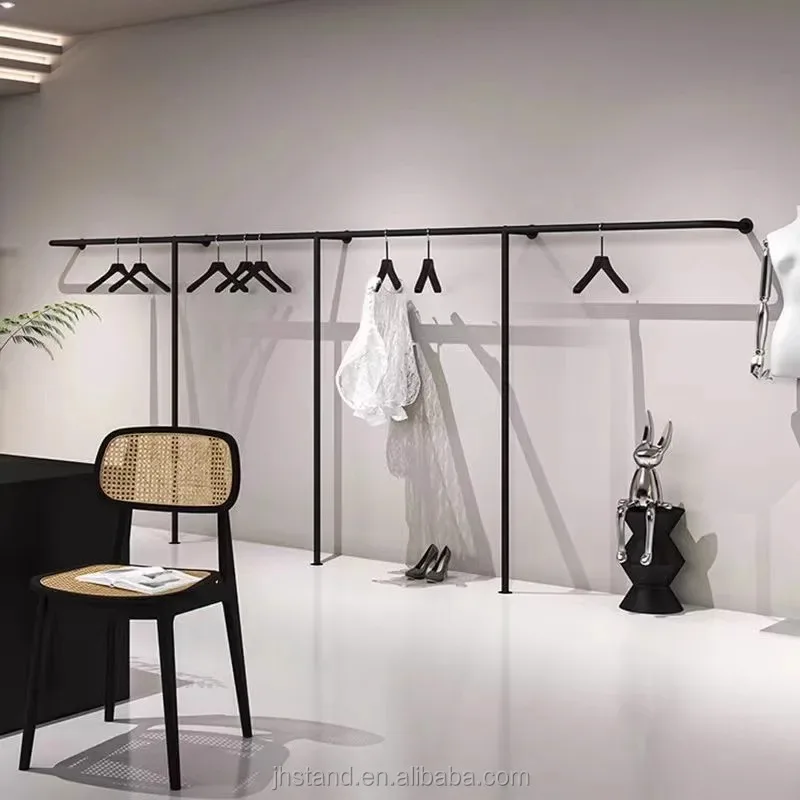 custom.New Fashion Wholesaler Price Clothes Rack Matte Black Cool Shop Design Display Stand Wall Mounted Showroom Simple Display