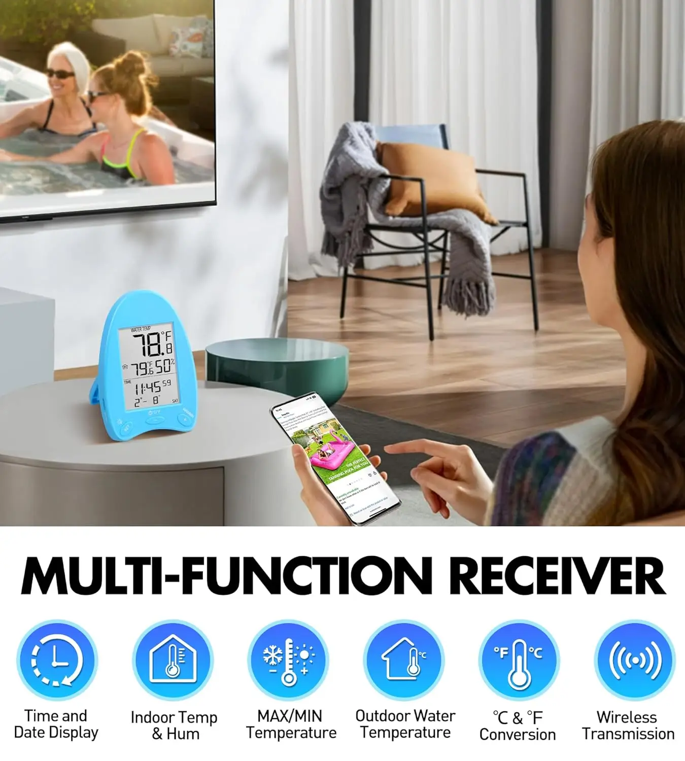 Wireless Solar Pool Thermometer with Light Show & Backlit Display for Night Reading