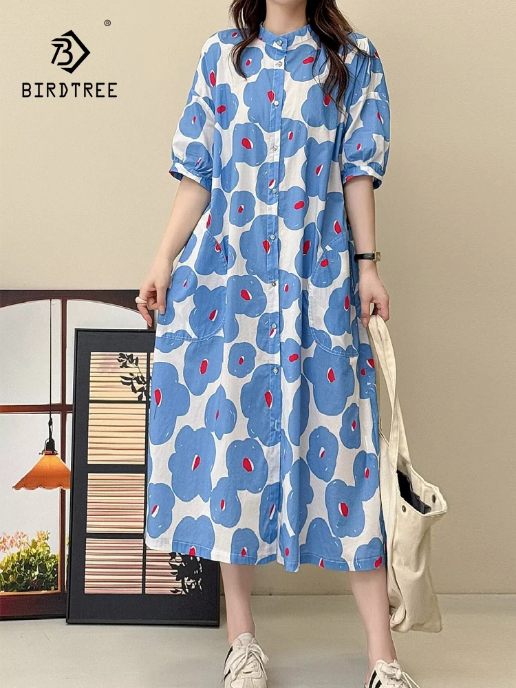 

New 2025 Summer Cotton Short Sleeve Dresses, Women Stand Cartoon Print, Mori Girl Sweet Age Reduction Chic Loose Dress D57128CC