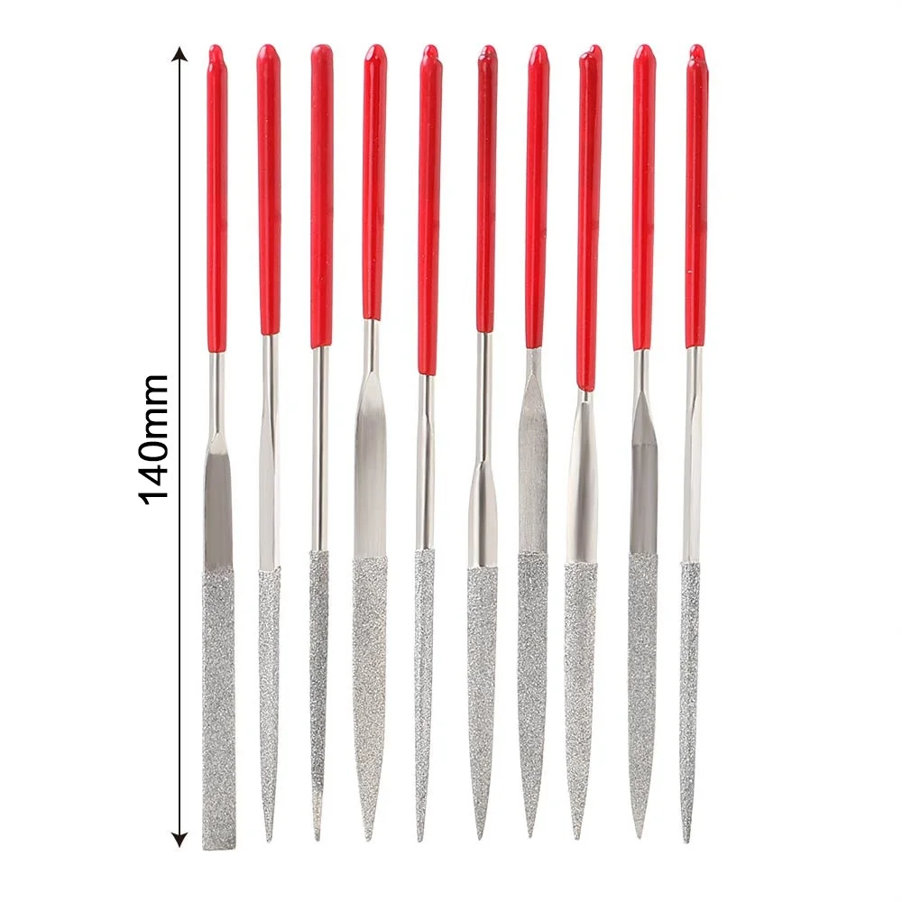 STONEGO Mini Needle File Set, 10PCS, Diamond Coated, 140mm Length, 3mm Width, for Ceramics, Glass, Gems, and Crafts