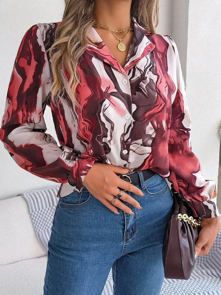 

Female Casual Print Chiffon Shirt Women Long Sleeve Single Breasted Top Spring Autumn Office Lady Tops Clothes