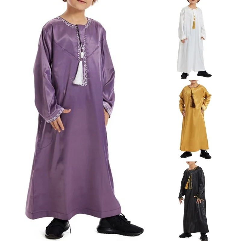 Muslims Dresses Teen Long Sleeve Dubai Shirt Kaftans Thobe Robe Gowns Straight Leisures Race Clothing Thobe Gifts