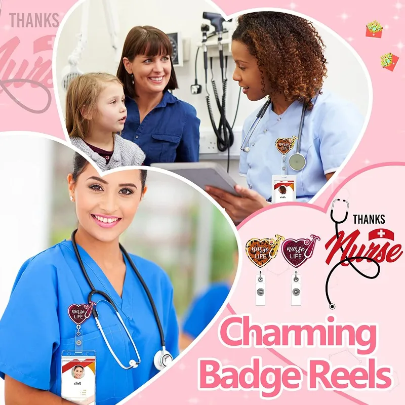 Fashion Cute Badge Reel for Nurses Doctors Glitter Acrylic Heart Retractable ID Holder with Alligator Clip Medical Staff Gift