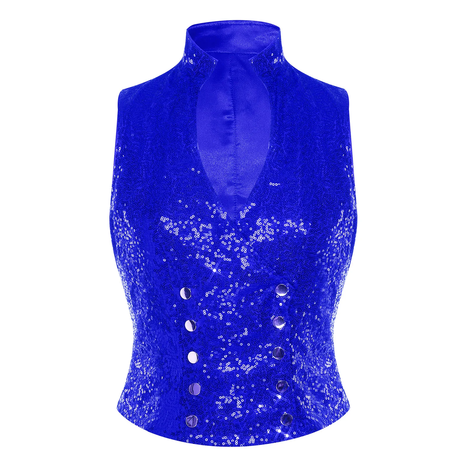 صدرية نسائية لامعة بدون أكمام ترتر ملابس خروج على شكل حرف V بدون أكمام سترة مزدوجة الصدر لزي حفلات الكوكتيل والديسكو #4