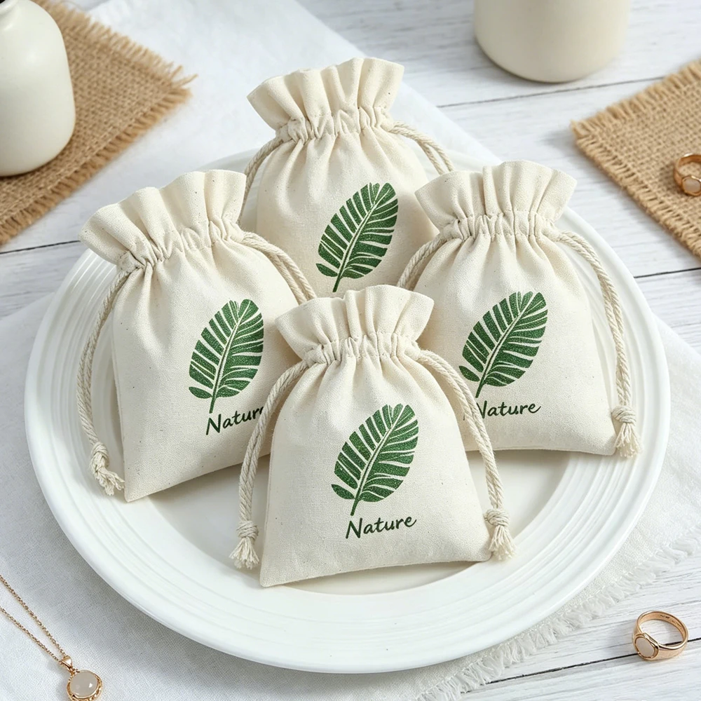 

50/100Pcs Natural Cotton Linen Muslin Drawstring Bags Personalized Logo Jewelry Packaging Pouch Chic Wedding Favor Sack Storage