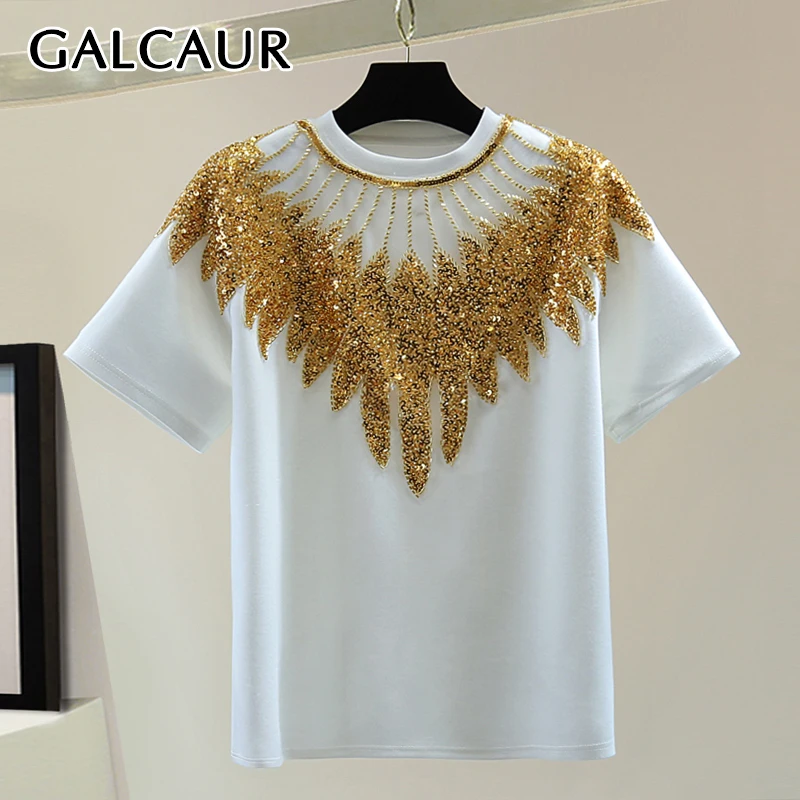 

GALCAUR однотонные свободные модные футболки для женщин с круглым вырезом и короткими рукавами, лоскутный топ с блестками, женский стиль одежды в стиле минимализм