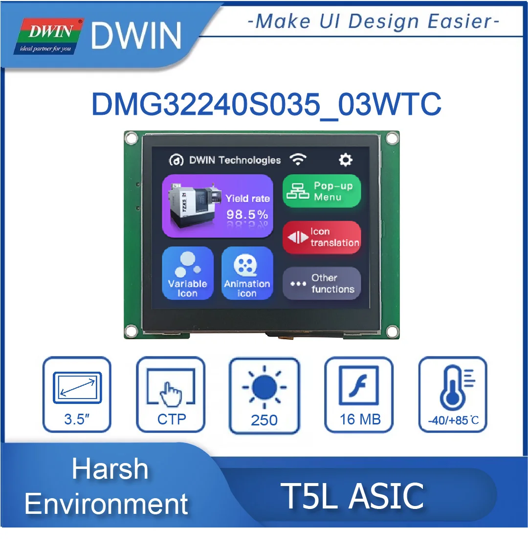 

DWIN 3.5 Inch, 320*240 Pixels Resolution, 16.7M Colors, TN-TFT-LCD Support RS232 and RS485 DMG32240S035_03W