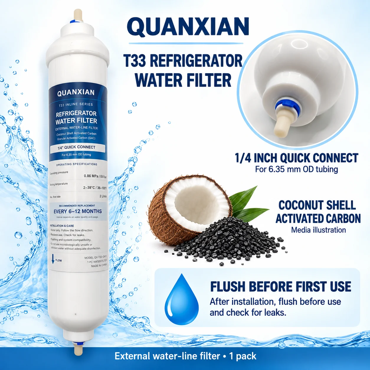 QUANXIAN Refrigerator Water Filter T33 External Inline 1/4 Inch Quick Connect Coconut Shell GAC 1 Pack