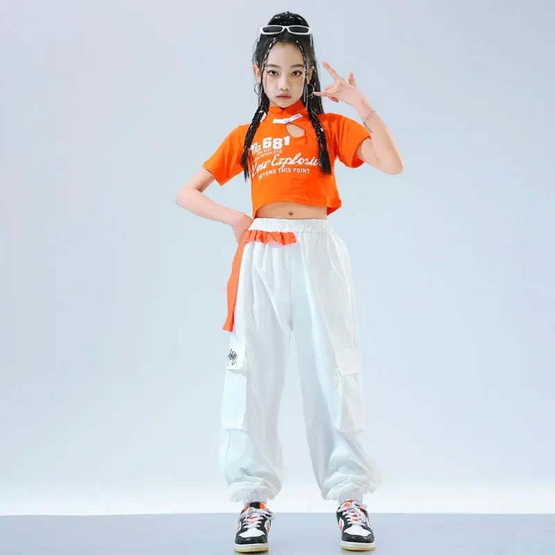 Girls Hip Hop Dancing Crop Top Orange Cargo Pants Boys T-shirt Street Dance Joggers Kids Streetwear Children Jazz Clothes Sets