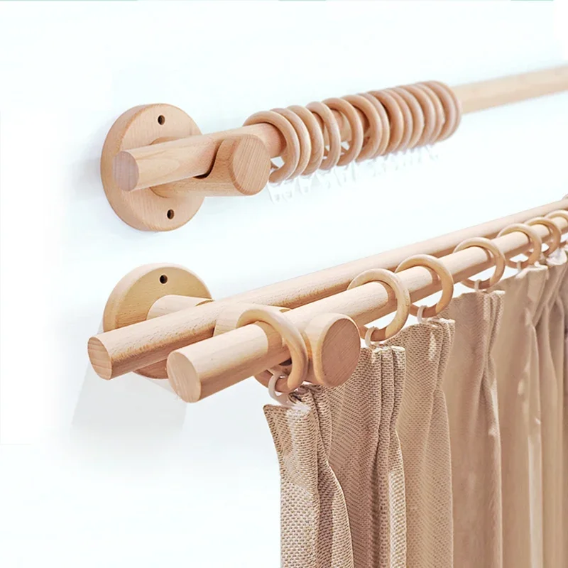 Nordic Solid Beech Wood Curtain Rods Single Double Roman Rod Bedroom Curtain Pole Brackets Accessories Customizable Home Decor