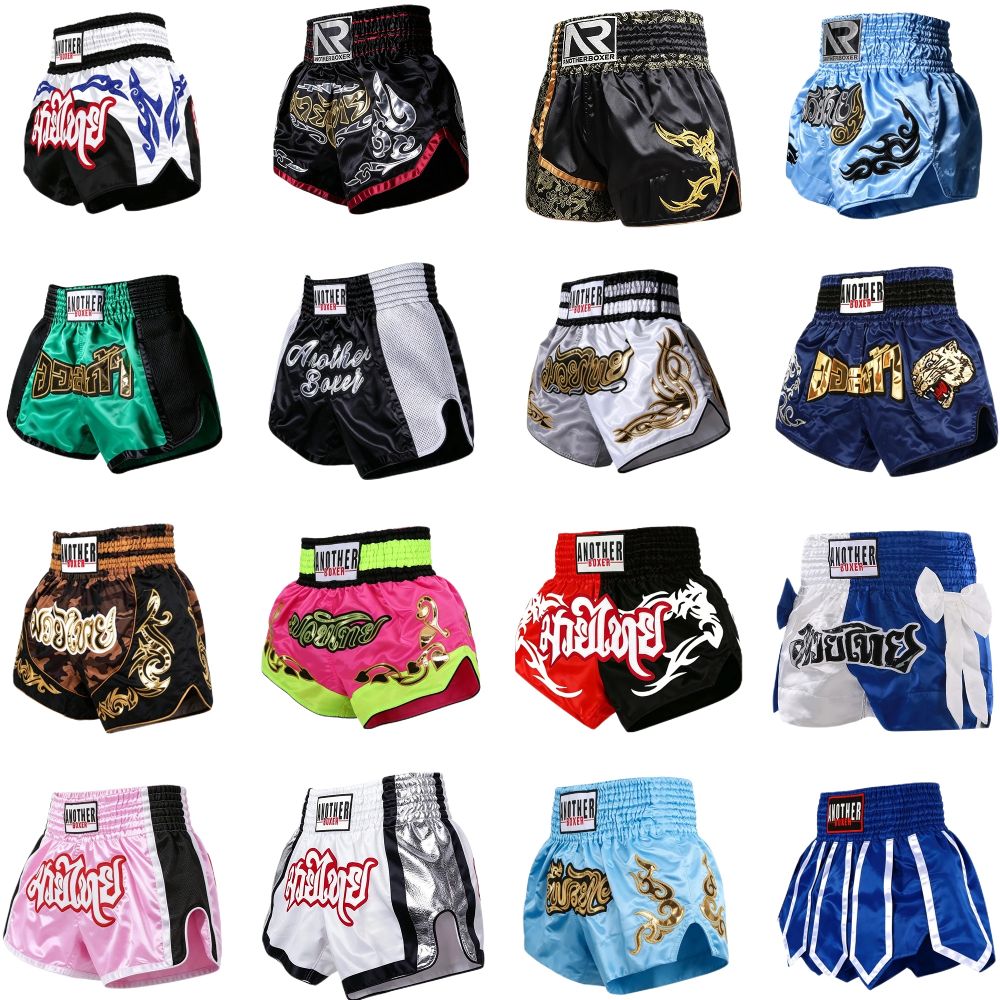Frei bewegliche Muay Thai Shorts mit Seitenschlitz aus Satin für Boxen, MMA, Kickboxen, Gym, Sparring, Kampfsport-Training und Wettkämpfe