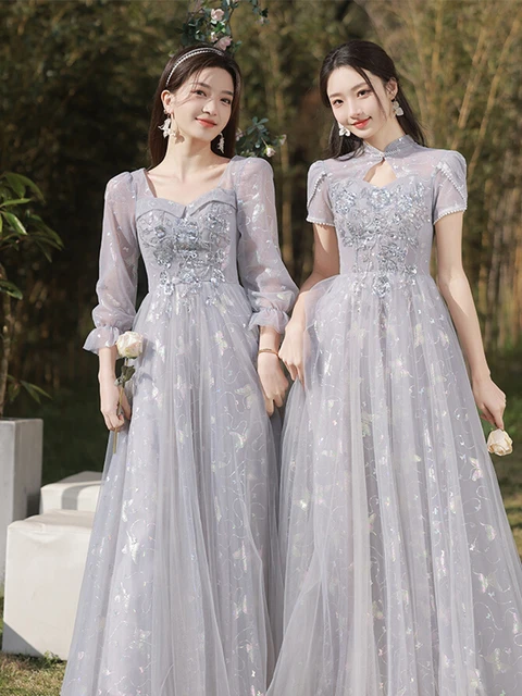 Elegant Women Bridesmaid Dress Simple Square Collar Sequined Gray Long Party Gown Female Slim Matron of Honor Dresses AliExpress