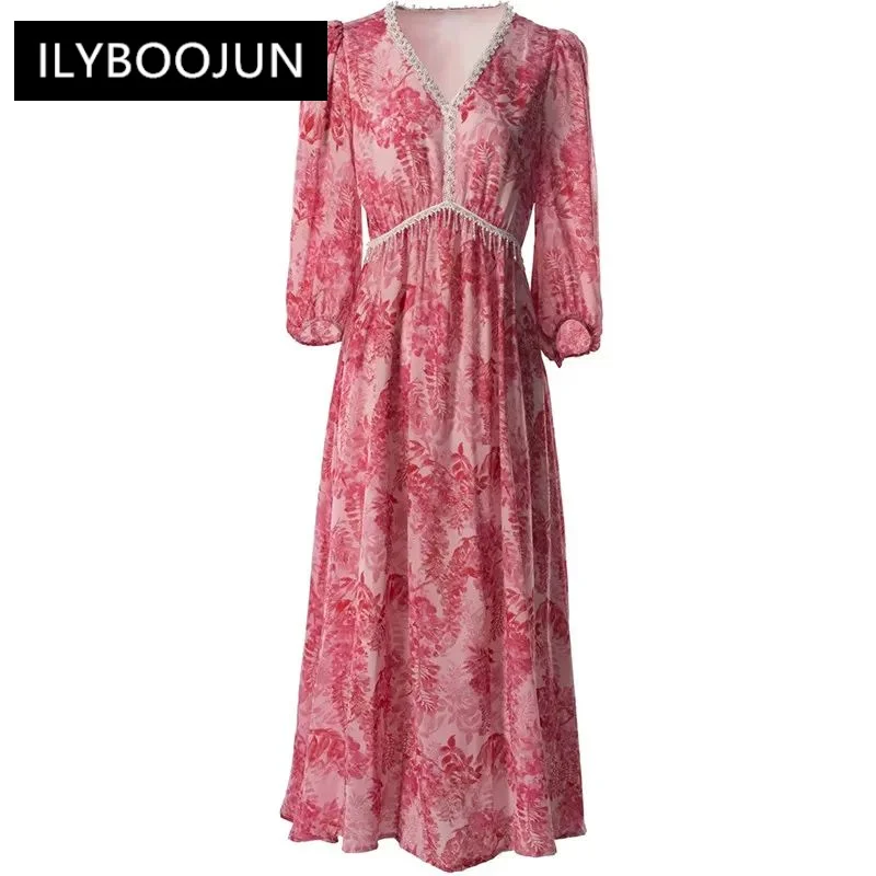 

ILYBOOJUN Summer Women's Dress V-Neck Lantern Sleeved Beading Print Bohemian Holiday Midi Dresses