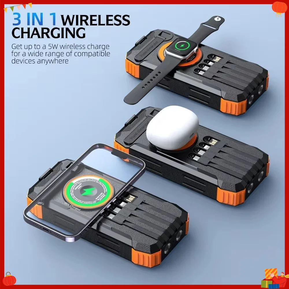 10000mAh Solar Power Bank 5-in-1 Built-in 4 Cables Wireless Magnetic Outdoor Portable Charger for IPhone Huawei Samsung