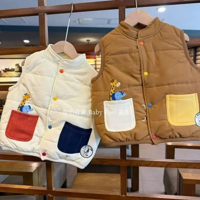 

Spring Autumn Winter Boys Girls Kawaii Vest Warm Cotton Fleece Lined Thicken Cute Embroidery Giraffe Elephant Vest Kids Clothes