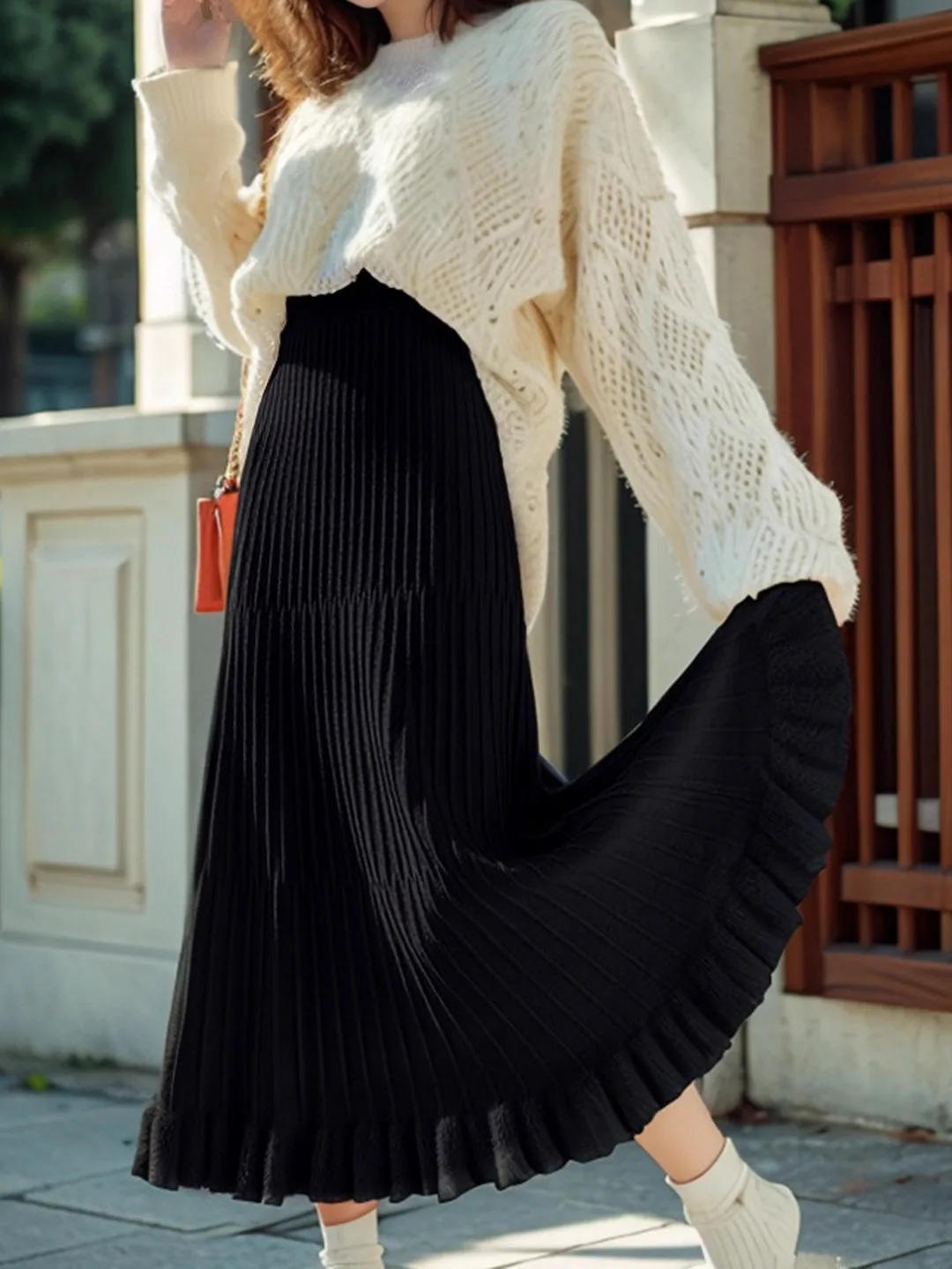 

Женская вязаная плиссированная юбка с высокой талией, осенне-зимняя, повседневная, миди, черная, приталенная, А-силуэт