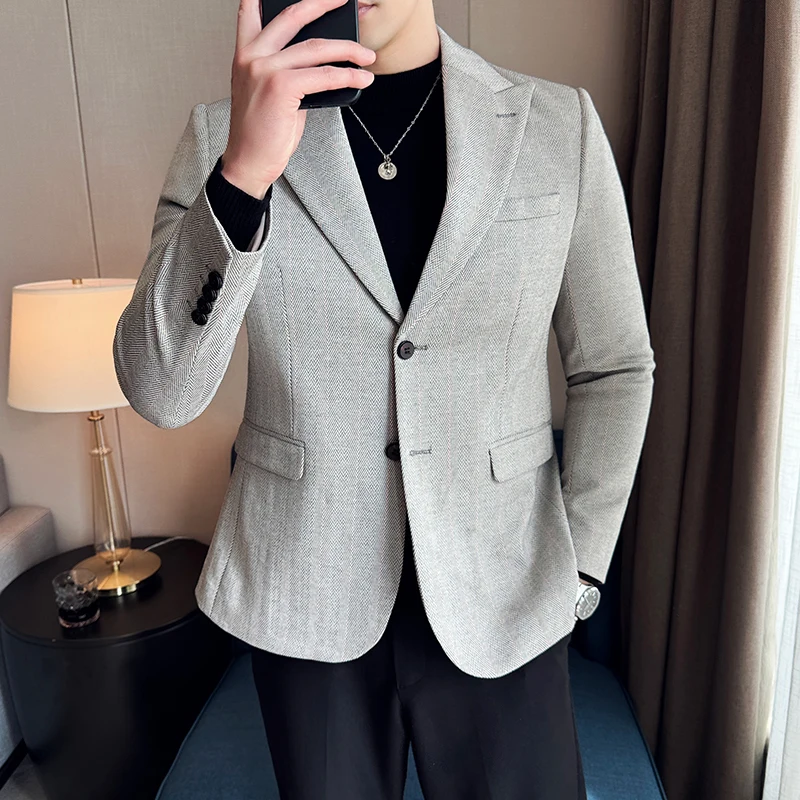 

Slim Fit Suit Blazer Formal Single Breasted Men Designer Clothes Herringbone Stripe Jacket Coat Korean Style Blazer Jacket New