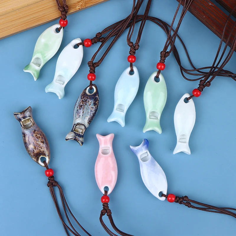 Collier pendentif sifflet en céramique de style chinois, lisse, fait main, délicat, unisexe, chaîne de pull