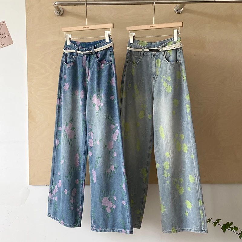 American Retro Print Straight Denim Pants Women's Versatile High Waist Loose Wide Leg Jeans Spring Summer Casual Trousers