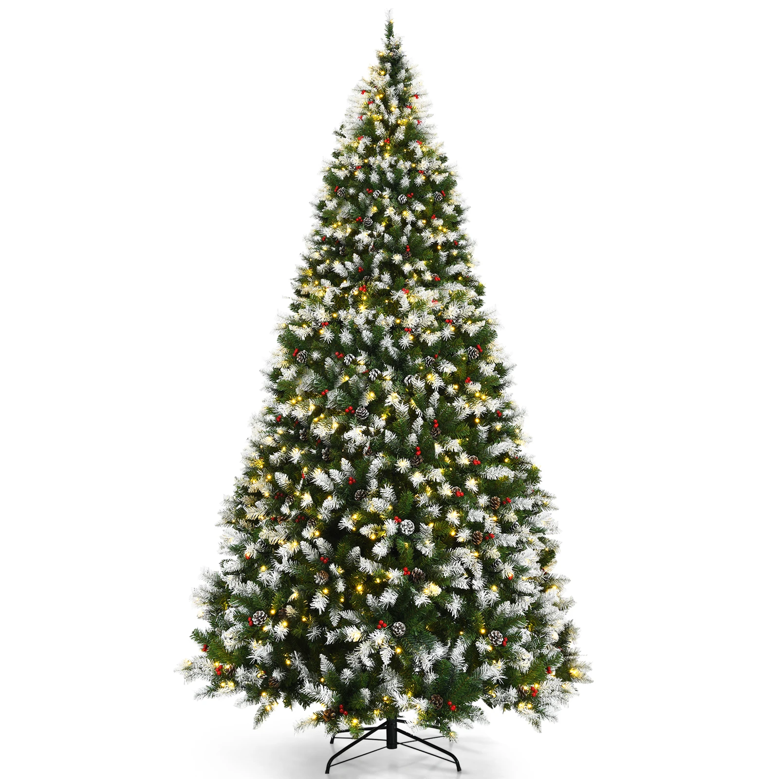 

9 ft Pre-lit Snowy Christmas Tree 8 Lighting Modes 2058 Tips w/ Red Berries