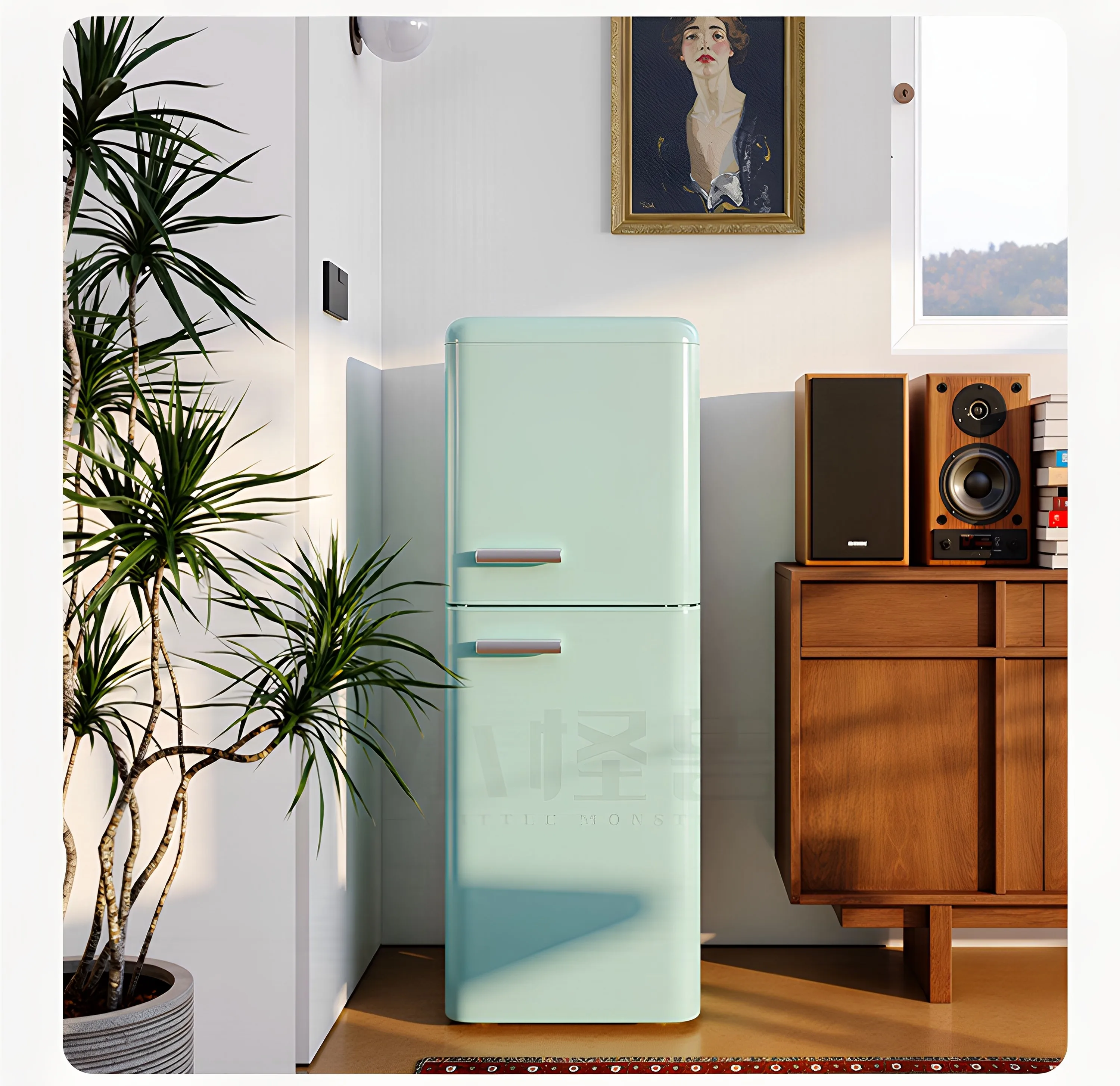 

Ретро-холодильник, первоклассная энергоэффективность, небольшая домашняя комната для аренды, двухдверное охлаждение и замораживание.