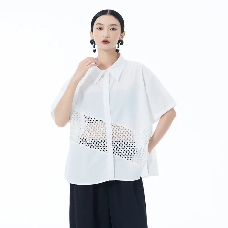 

Street style women's shirt, stylish patchwork mesh women's top, 2025 summer new loose and niche design shirt