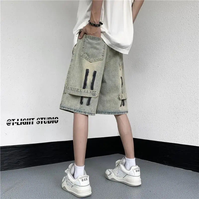 

Casual Straight Leg Zipper Design Jeans Shorts for Teenage Boys mid Waist Straight Tube Five Parts Summer Leisure Jeans Shorts