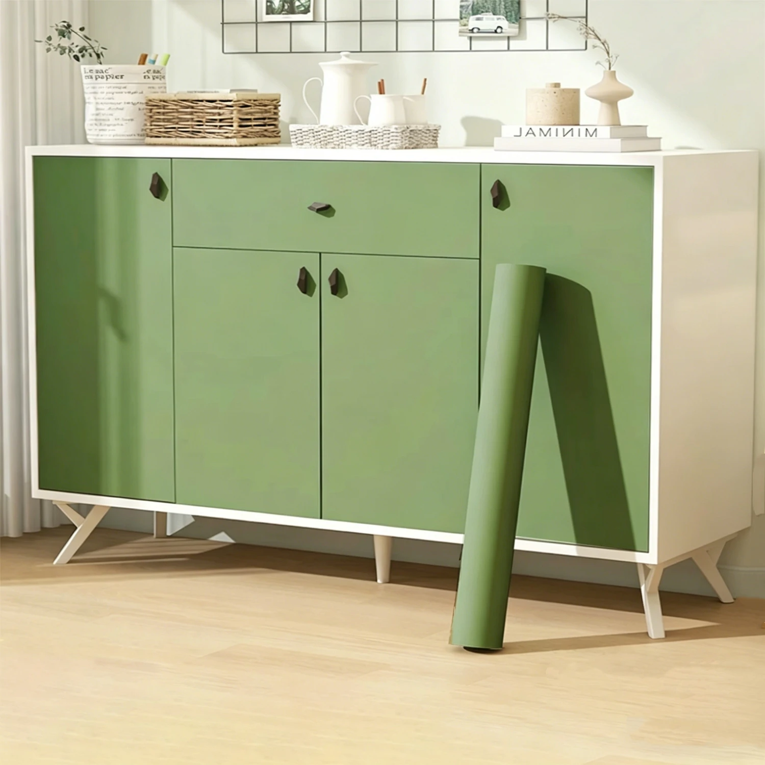 Solid Color Waterproof Self-adhesive Wallpaper Green White Matte Finish for Room Wardrobe Kitchen Customizable Furniture Wall St