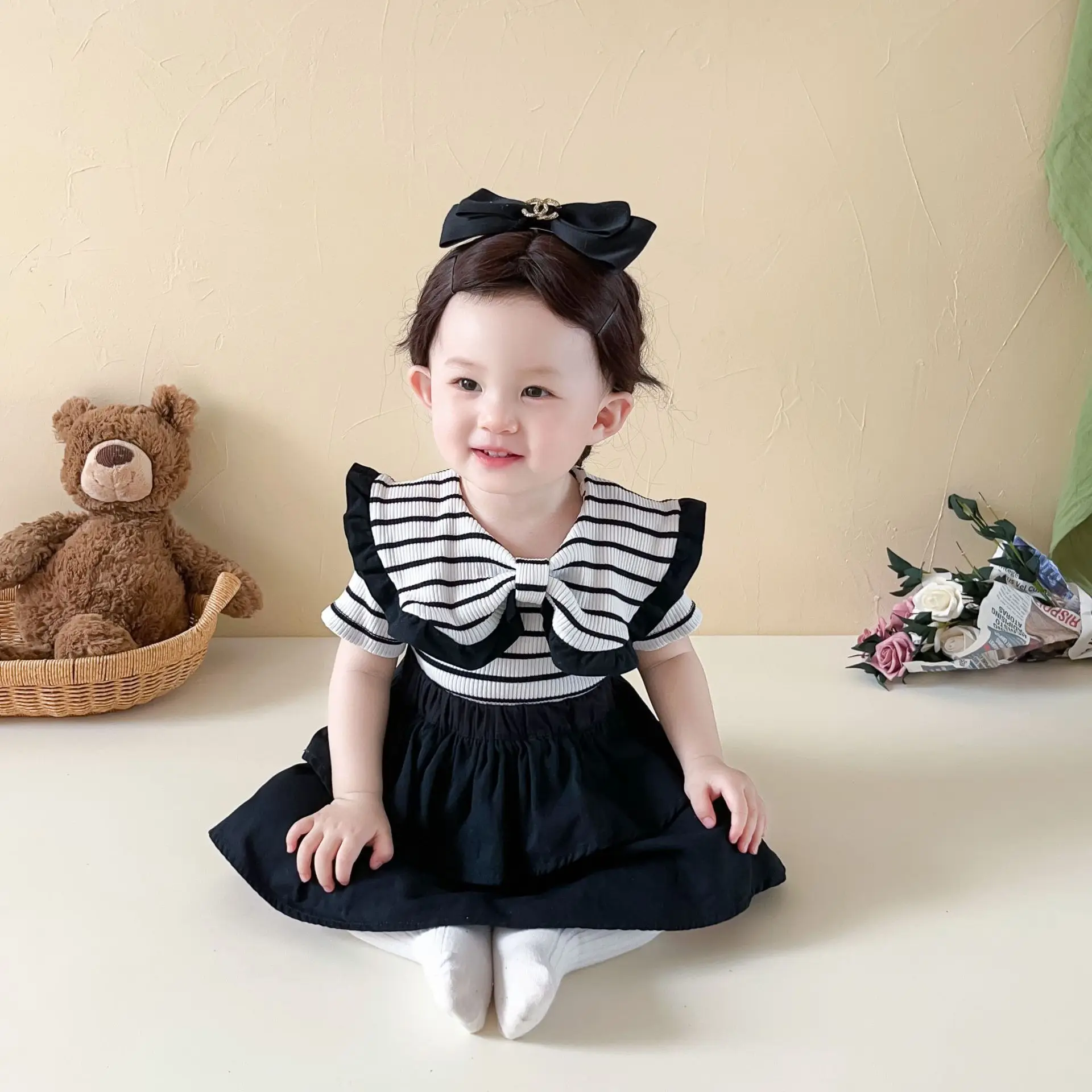 2024 Summer New Baby Striped Clothes Set Cute Infant Girl Short Sleeve Large Lapel Tops Toddler Princess Skirts Set Girls Outfit