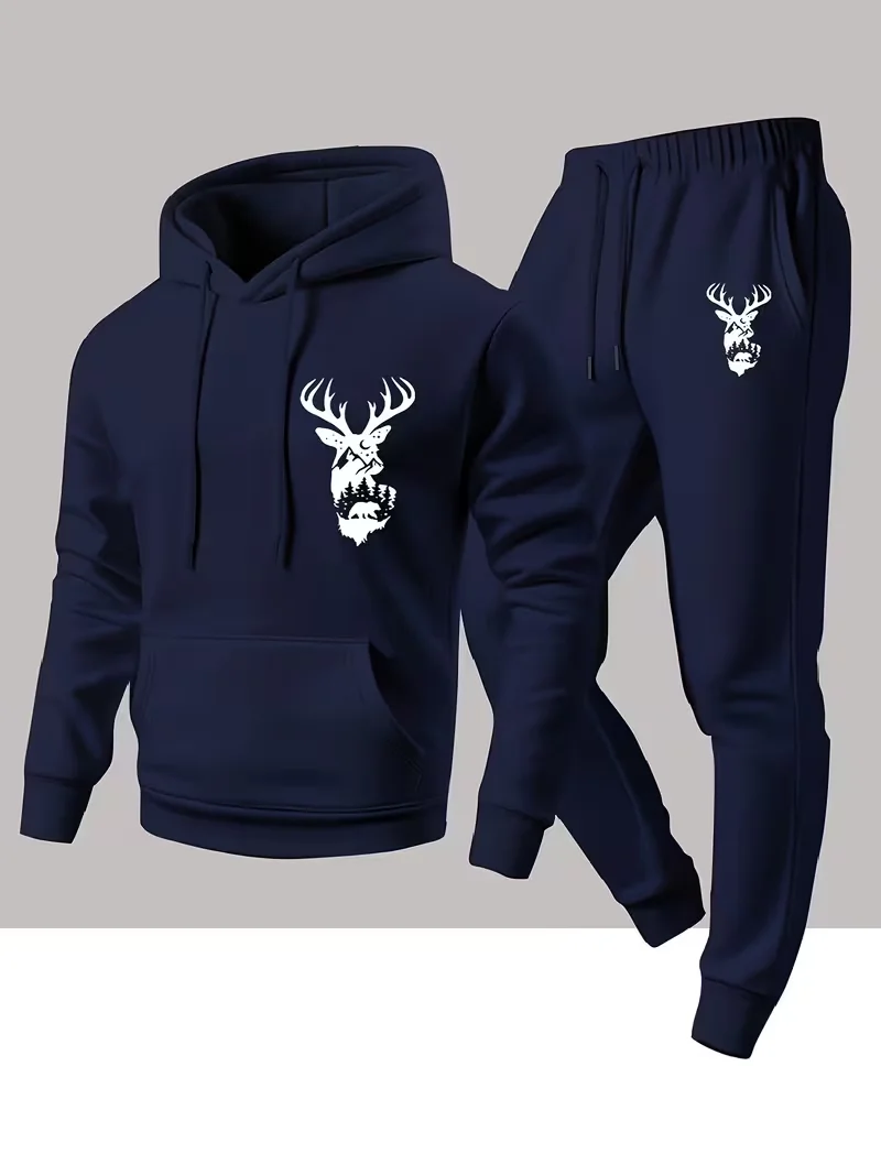 Men's Urban Casual animal print Print Two-Piece Set Hooded Top & Sports Pants Autumn Winter Running Sportswear Daily Wear view 3