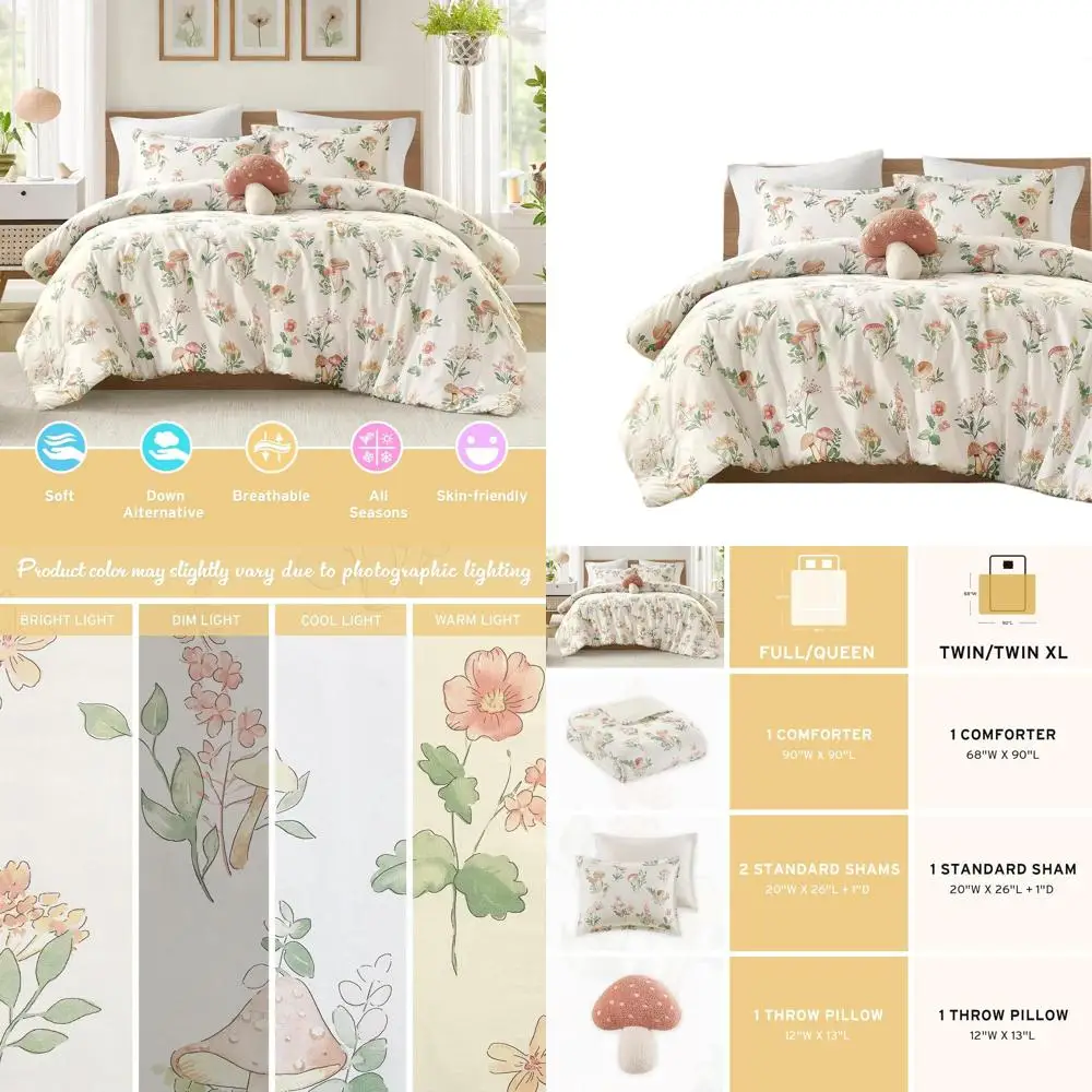 

Игривый комплект постельного белья с цветочным и грибным принтом (для двуспальной кровати/кровати размера Queen), легкое микрофибровое постельное белье, 4 предмета, зеленый цвет