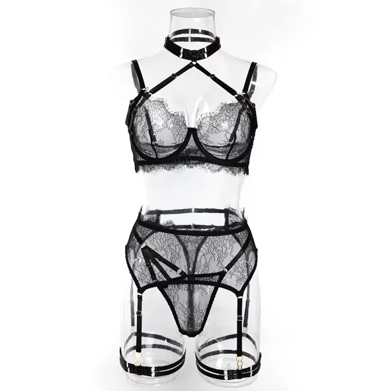 Sexy transparent eyelash lace push-up halter bra with garter belt five-piece bikini set