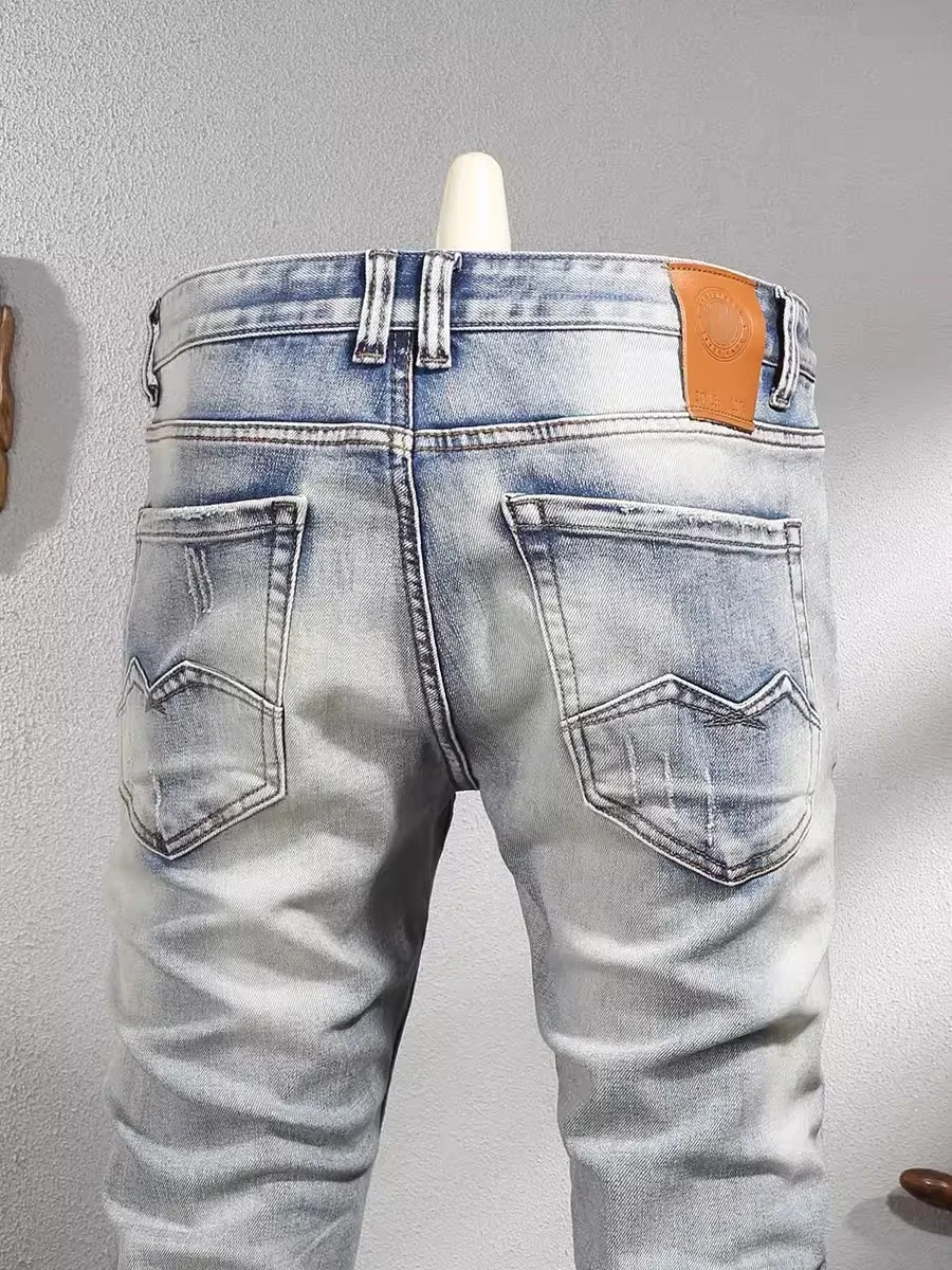 Fashion Vintage Men Jeans High Quality Retro Washed Light Blue Stretch Slim Fit Ripped Jeans Men Embroidery Designer Denim Pants