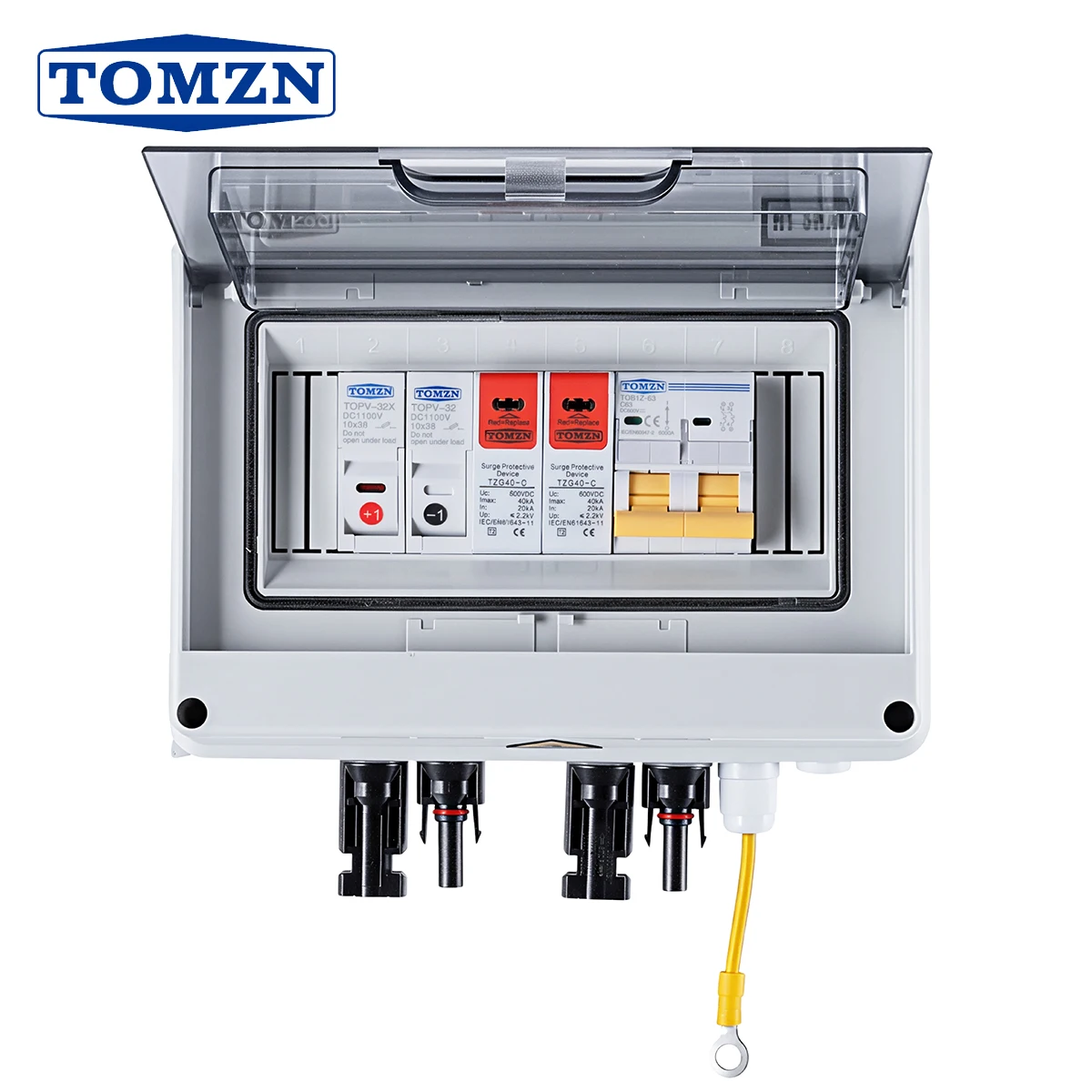 

TOMZN HT 8WAY IP65 Фотоэлектрическая распределительная коробка 2P 600VDC 16A 20A 25A 32A 40A 50A 63A 1 вход 1 выход предохранитель SPD MCB Combiner Box