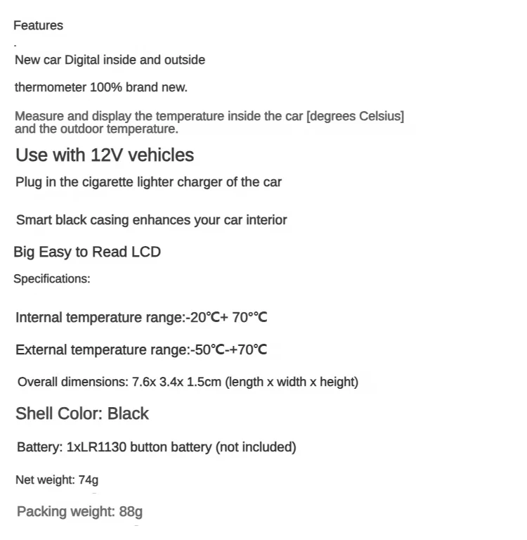 12V Digital Thermometer Car Thermometer Backlight Thermometer Mini LCD Car Inside and Outside