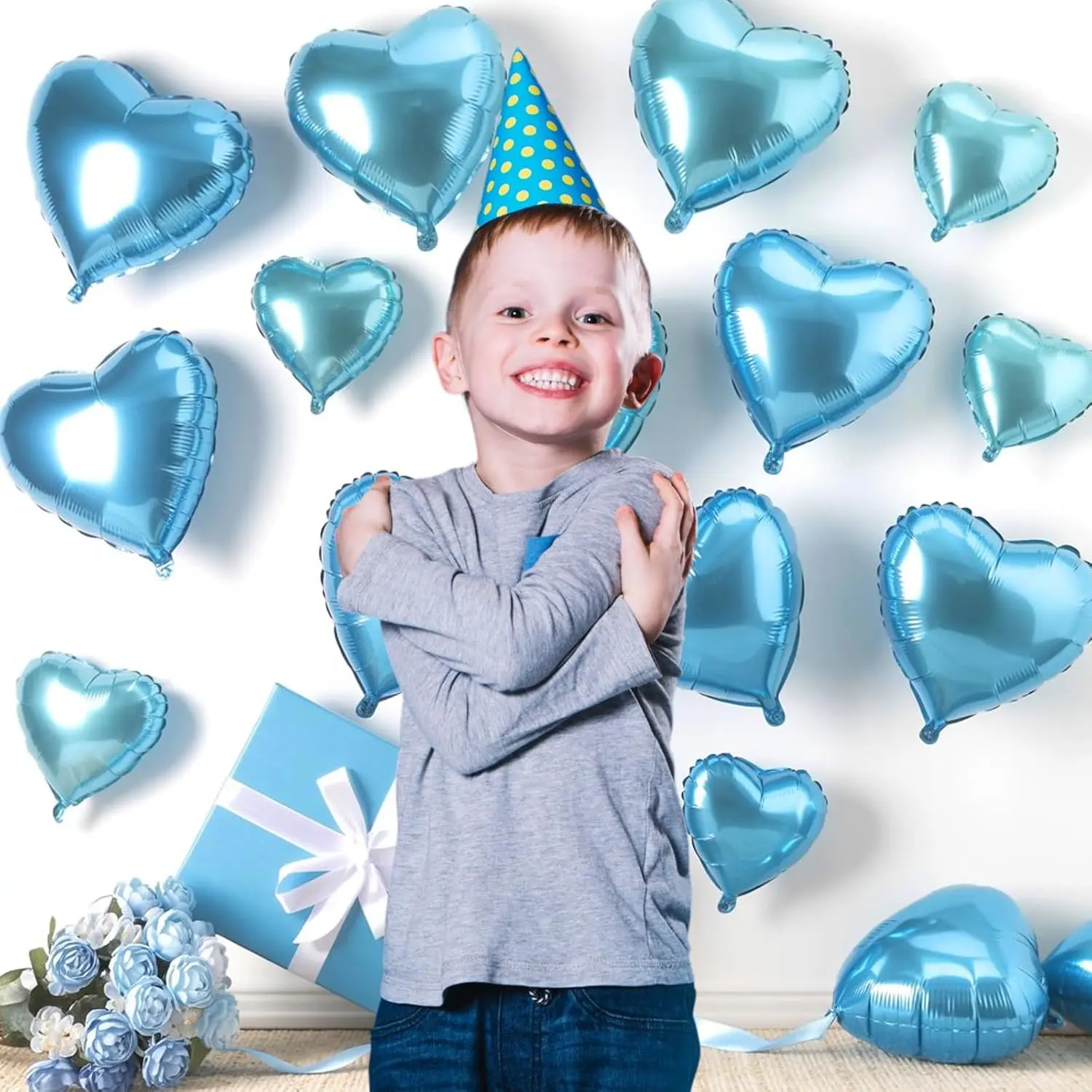 Hellblaue Herzförmige Luftballons in Verschiedenen Größen aus Aluminiumfolie für Dusche, Hochzeit, Geburtstagsdekoration – Detail 7