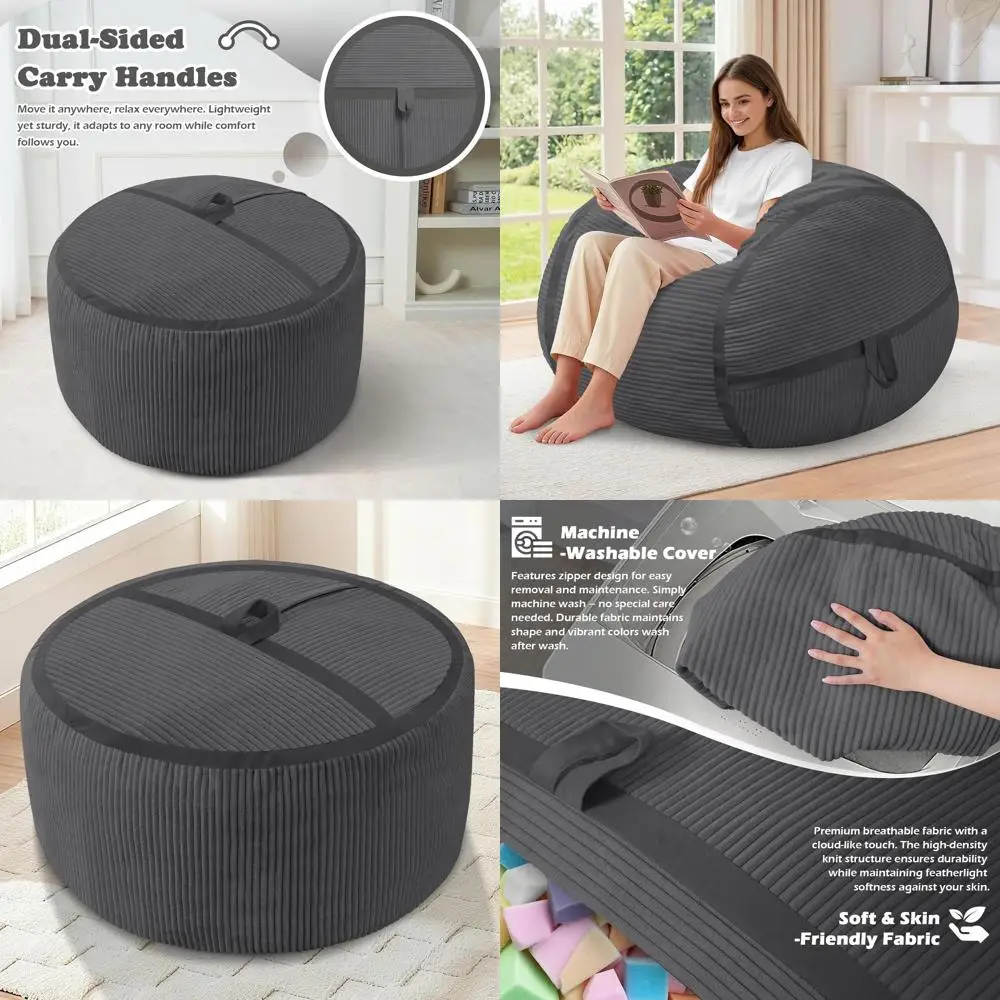 

3T Large Memory Foam Bean Bag Chair with Ultra-Soft Corduroy Cover, Zippered for Easy Cleaning - Portable and Comfortable for An