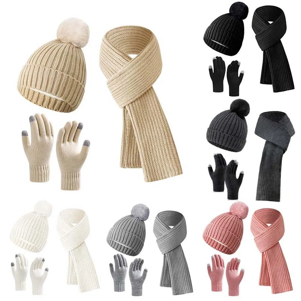 Berretti Berretto Sciarpa elastica e set di cappelli Guanti più caldi Cappello di lana morbida Strisce di fibre acriliche Guanti resistenti al freddo Ciclismo