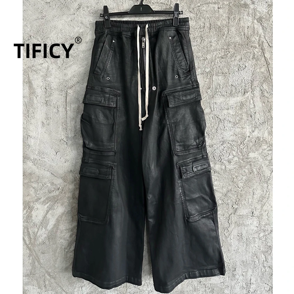 

High Street RO Brushed Wax Coated Straight Leg Flared Jeans Pant Men's Washed and Worn Casual Retro Loose Wide Leg Work Pants