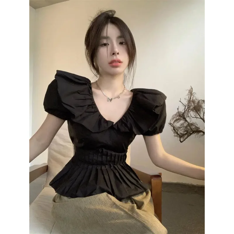 

Puff Sleeve White Shirt Women V Neck Pleated Waist Slim Fit Ruffle Fluffy Crop Top Summer Off Shoulder Design Blouse