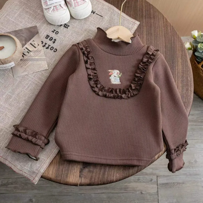 2023 Autumn/Winter New Children\'s Fashionable Plush Warm Sweater Girl Baby Embroidered One piece Plush Cartoon Bottom Shirt