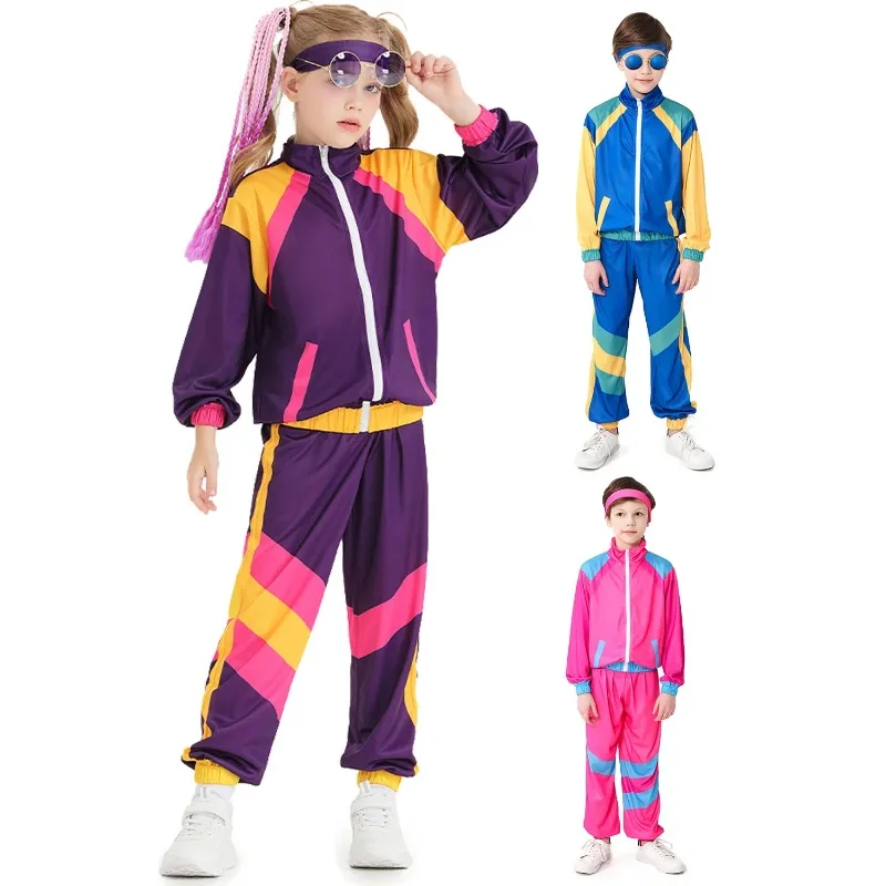 80er 90er Retro Hip-Hop Bühnenkostüm Rosa Blau Tanzkleidung Hosen Sportbekleidung Set Outfits Halloween Karneval Anzug