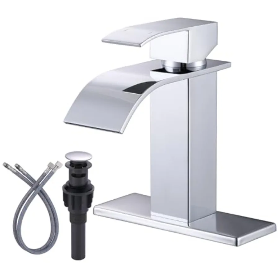 

Waterfall Bathroom Faucet : Modern Single Handle Bathroom Faucet for 1 or 3 Hole - Bathroom Sink Faucet with Pop Up Drain and S