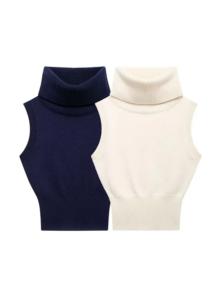 Willshela Women Fashion Solid Elastic Waist Knitted Pullover Vest Vintage High Neck Sleeveless Female Chic Lady Tank Tops