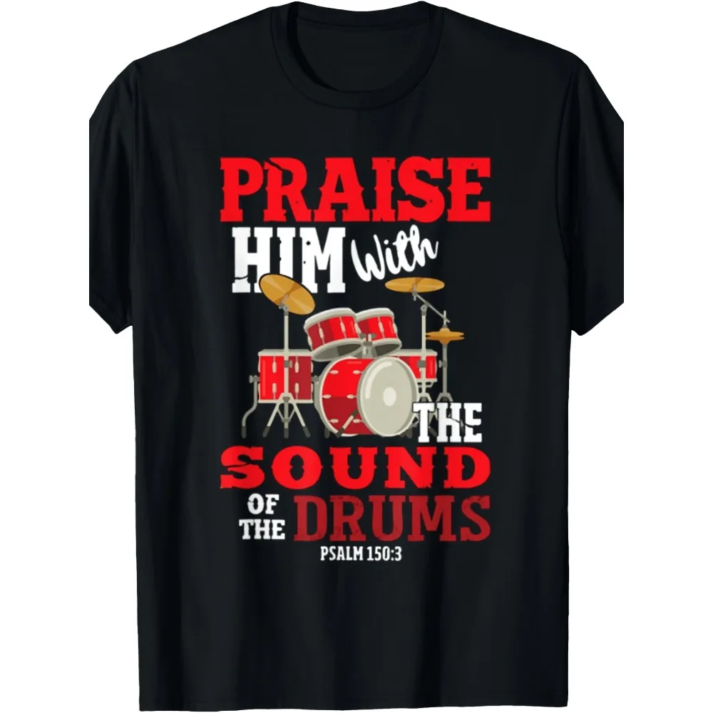 Men's Christian Psalm 150 Drum T-Shirt - Praise Him Suitable for All-Season Casual Wear, Soft Breathable Round Neck Short Sleeve Tee with Verse Design, Machine Washable Drum Print Shirt for Church, Worship & Everyday Outfits