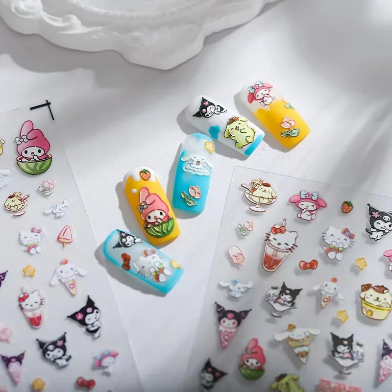 

New Cartoon 5D Embossed Summer Kuromi Nail Art Supplies Hello Kitty Nail Art Stickers My Melody Stickers For Nails Anime Sticker