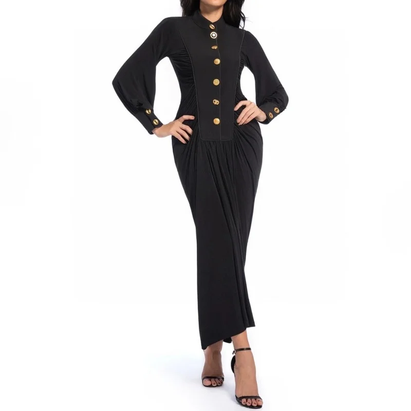 

Осеннее новое женское однорядное платье с воротником-стойкой и металлической пряжкой, морщинистое платье с длинными рукавами y2k, модное длинное платье высокого качества