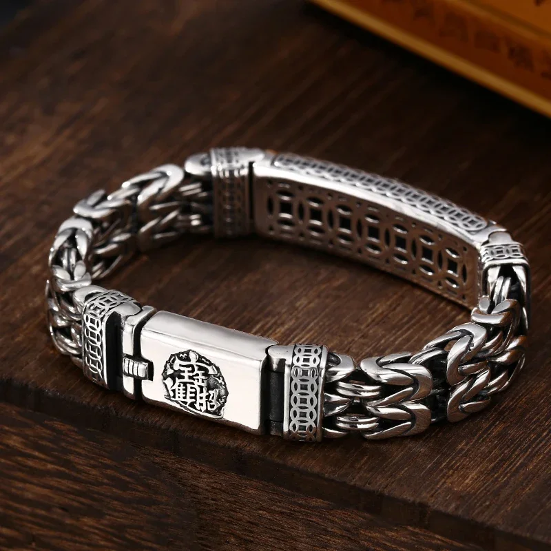 Chinese Style Retro Silver Double-stranded Peace Tattoo Money Brave Troops Men\'s Bracelet Personality Pop Retro Lucky Guy